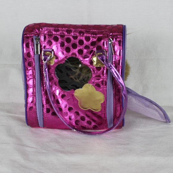 Battat Pucci Pups Carrier Yorkshire Terrier Pink Polka Dot Gold Flowers Zippers - Picture 2 of 16